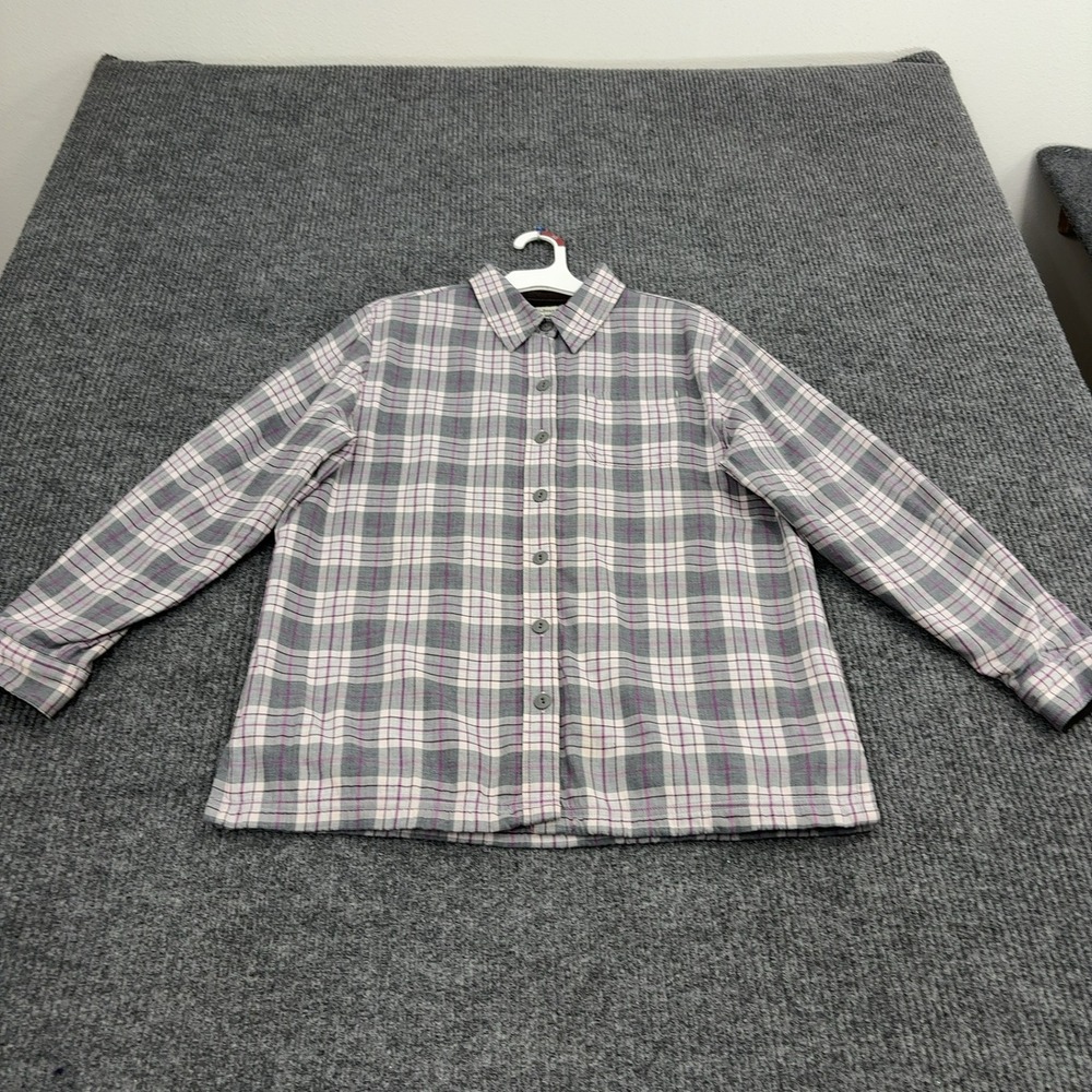LL Bean Shirt Jacket Womens S Grey Cotton Fleece Lined Plaid Casual Outdoor